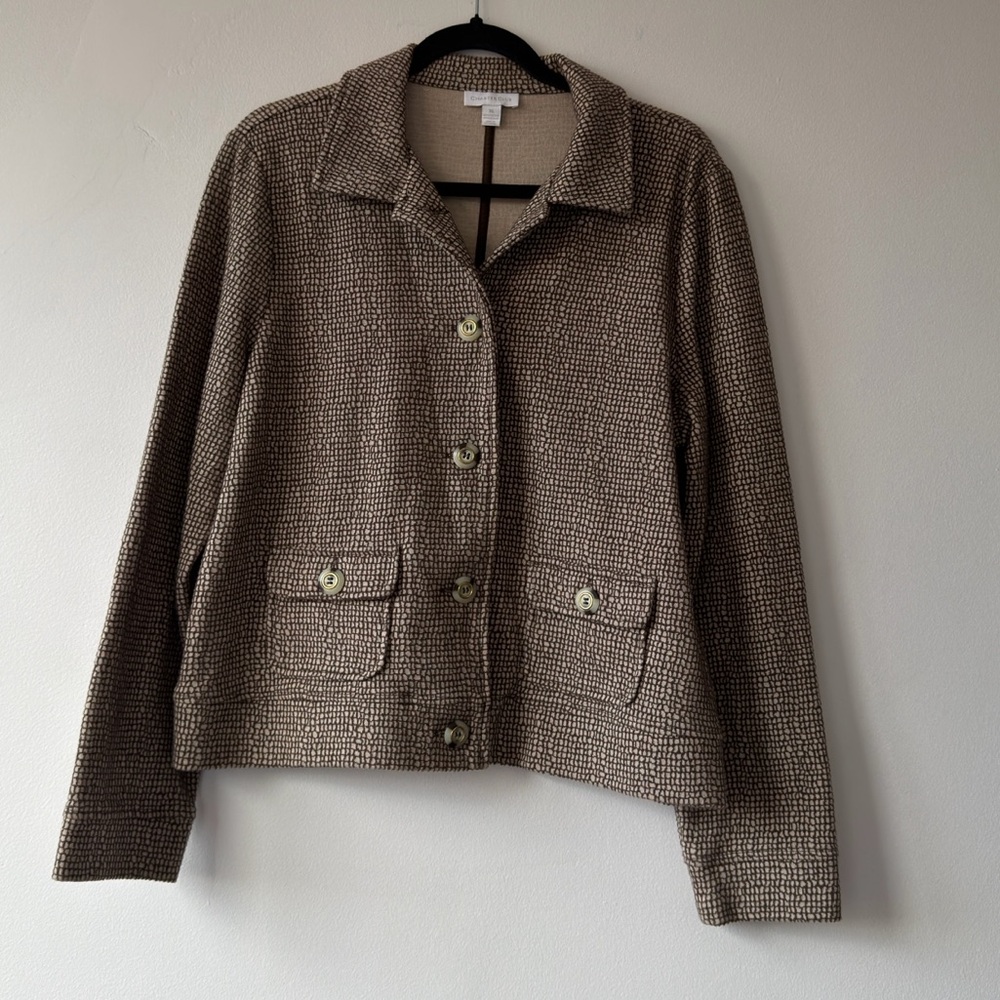 Charter Club Brown‎ Tan Grid Print Button Front Knit Jacket XL